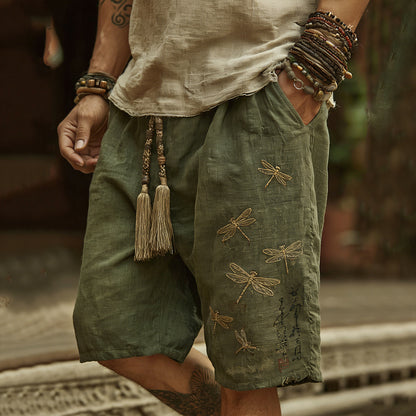 Japanese Art Embroidery Dragonfly Green Shorts