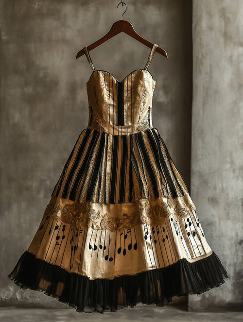 Retro Elegant Music Theme Irregular Stitching Dress 22ca