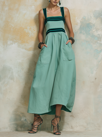 Mint Green Denim Square Neck Midi Dress With Contrast Stripes & Pockets