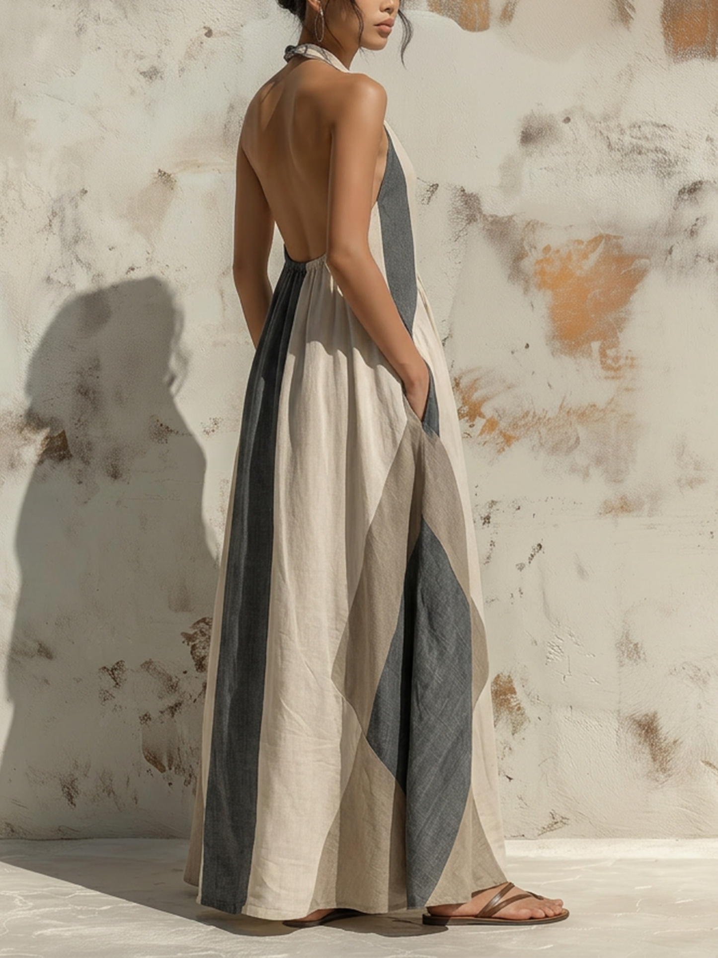Abstract Print Halter Neck Flowy Maxi Dress