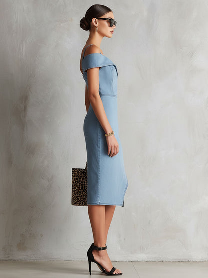 Fashionable Retro Sleeveless Off-shoulder Slit Light Blue Denim Midi Dress