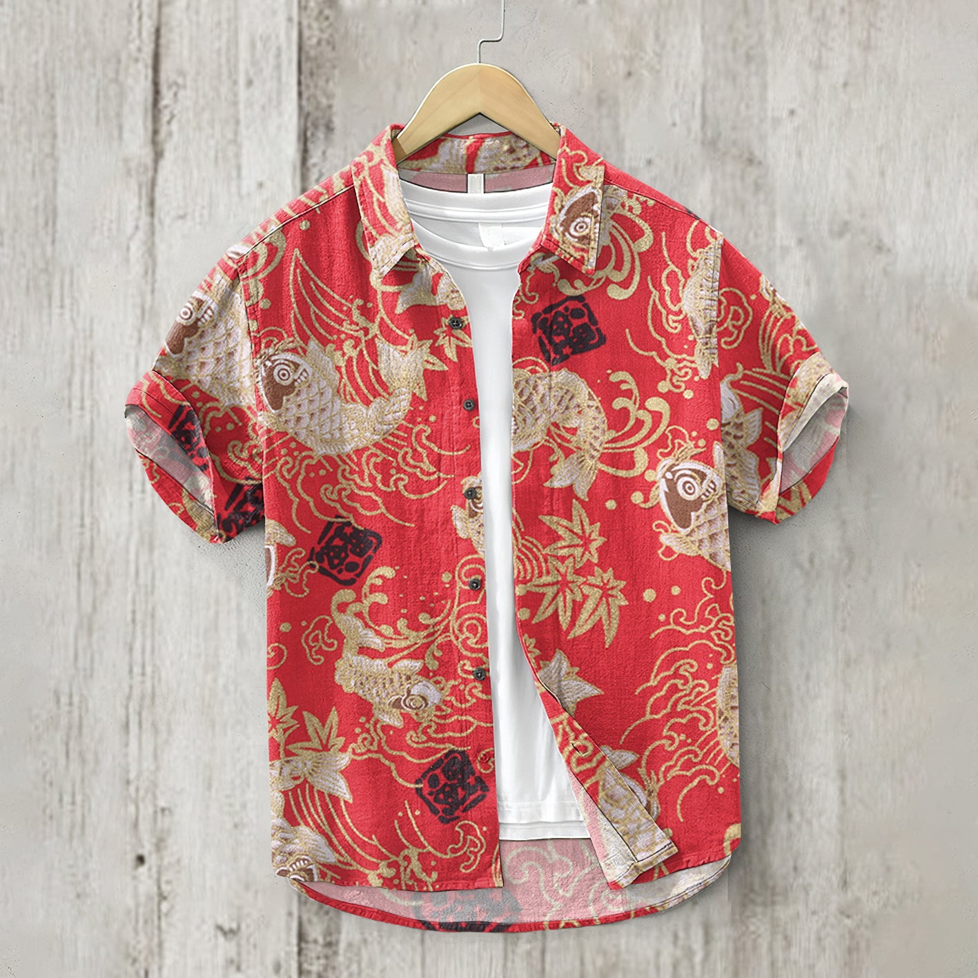 Vintage Japanese Art Koi Pattern Linen Blend Cozy Shirt