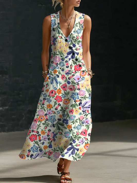 Women's Floral Pattern Art Print Casual Cotton Linen Dress