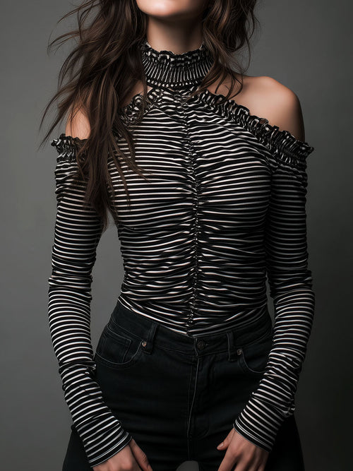 Classic High Neck Striped Cold-Shoulder Ruched Top