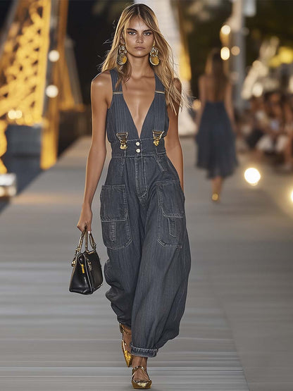 Fashion Personality Loose V-neck Suspender Denim Jumpsuit