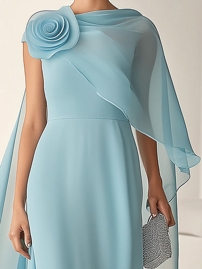 Chic Light Blue Chiffon Dress with 3D Floral Shoulder Detail