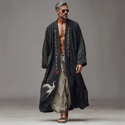 Men's Japanese Crane Calligraphy Art Long Linen Kimono