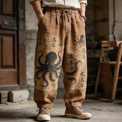 Men's Octopus And Kanji Japanese Art Print Drawstring Waist Casual Pants