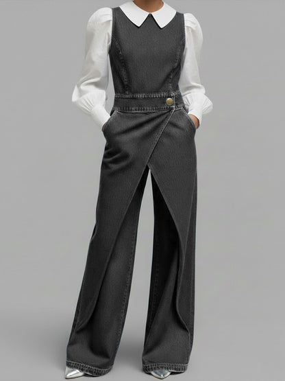 Women's Round Neck Sleeveless Casual Loose Denim Wide-leg Jumpsuit