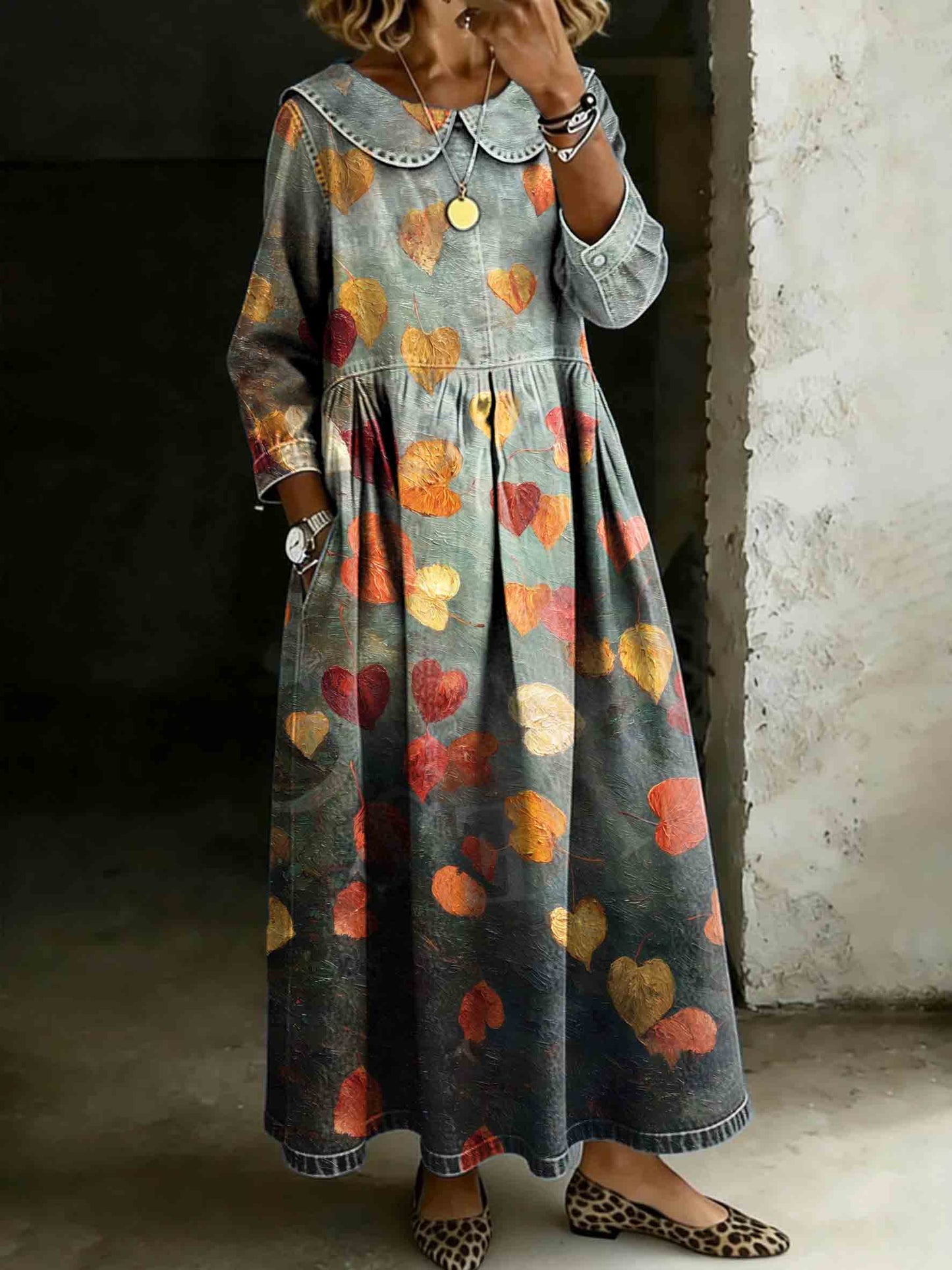 Women's Vintage Maple Leaf Art Print Lapel Collar Pleated Long Sleeve Casual Loose Denim Dress
