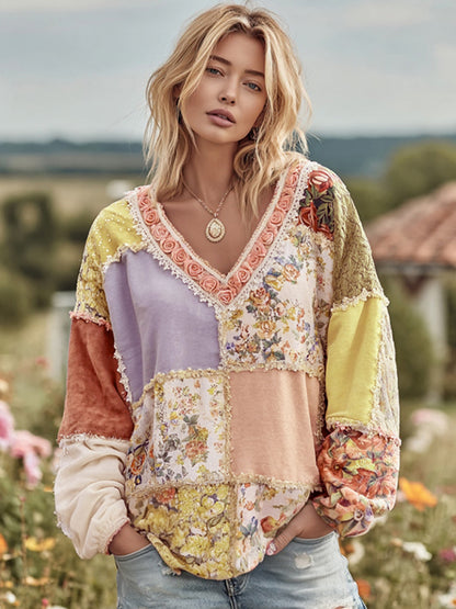 Women's Vintage Floral Patchwork Art Cozy Warm Sweatshirt