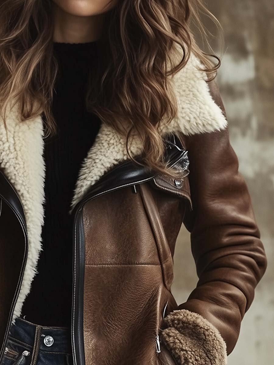 Women's Vintage Contrast Lambskin Collar Faux Leather Coat