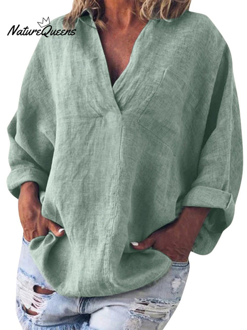 Women's Cotton and Linen V-neck Long-sleeved Pullover Top