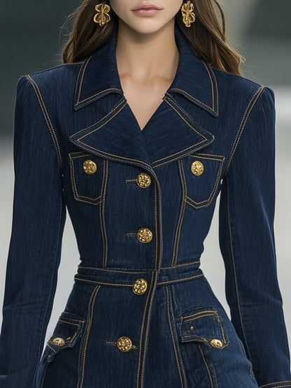 [24-hour shipping out]Classic and Playful Large Lapel Ruffled Hem Waist Denim Mini Dress