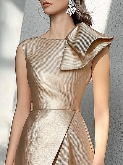 Chic Champagne Satin Dress with Shoulder Detail