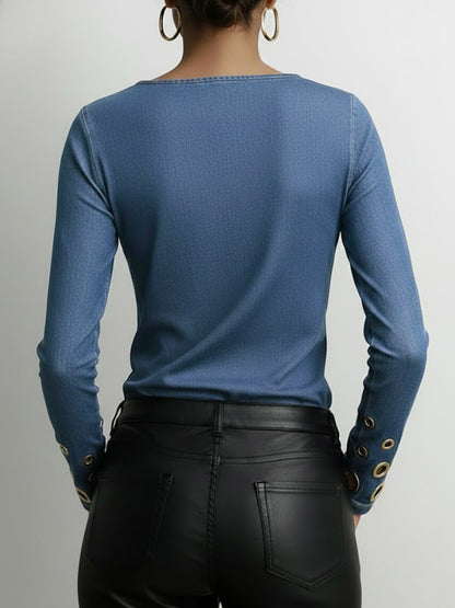 Women's Round Neck Long Sleeve Faux Denim Stretch Casual Loose Denim Top
