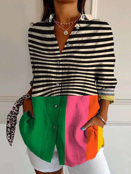 Women's Abstract Geometric Line Pattern Art Print Casual Cotton Shirt