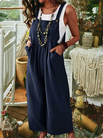 Women's Solid Color Sleeveless Pocket Casual Linen Cotton Bib Wide Leg Jumpsuit