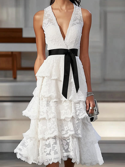 Chic White Lace Tiered Dress with Black Waist Tie