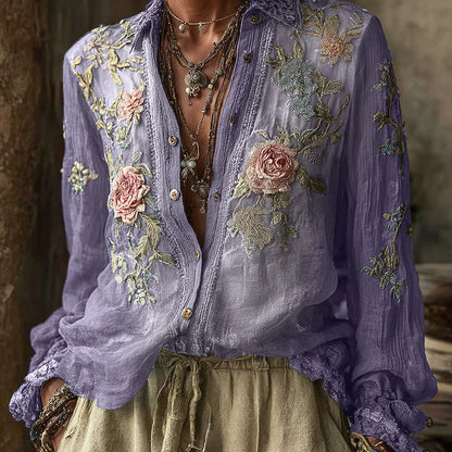Women's Vintage Bohemian Floral Pattern Linen Long Sleeve Shirt