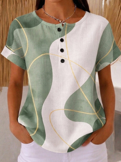 Artistic Line Print Cotton-linen Blouse
