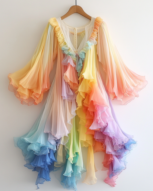 Rainbow gradient lotus leaf irregular chiffon cardigan 6e16