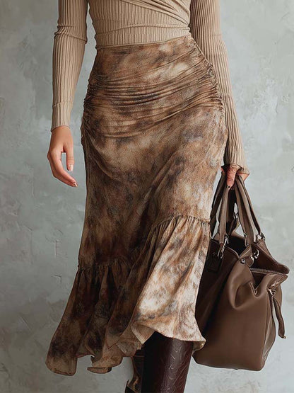 Ribbed Knit Top With Printed Chiffon Midi Dress
