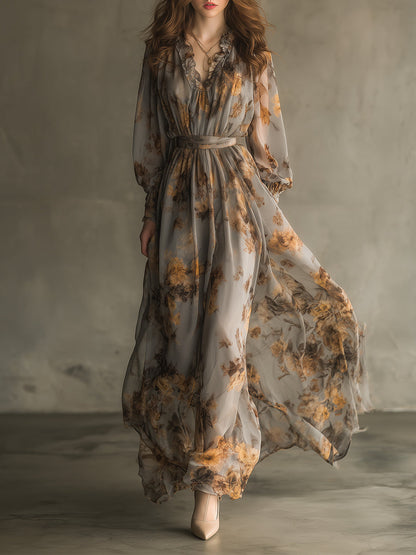 Bohemian Retro Floral Chiffon Ruffle Neckline Maxi Dress