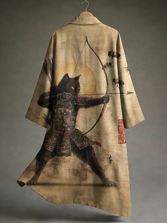 Men's Black Cat Tribal Warrior Japanese Kyudo Print  Linen Long Kimono