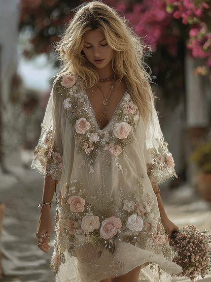 Vintage Floral Embroidery Short-sleeved Comfy Dress