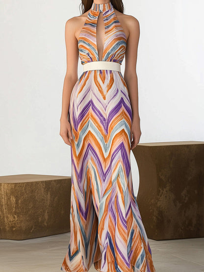 Colorful Chevron Print Chiffon Sleeveless Maxi Dress