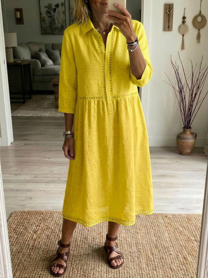 Casual Patchwork Openwork Ribbon Linen And Cotton Dress