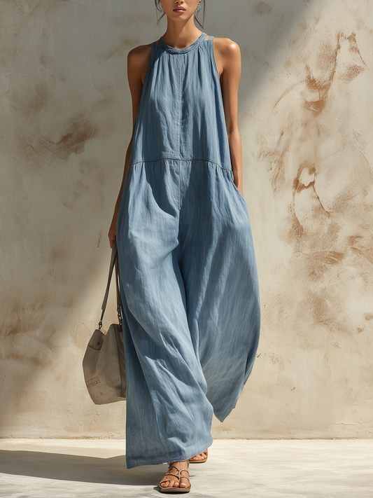 Light Blue Tencel Denim Wide-Leg Jumpsuit