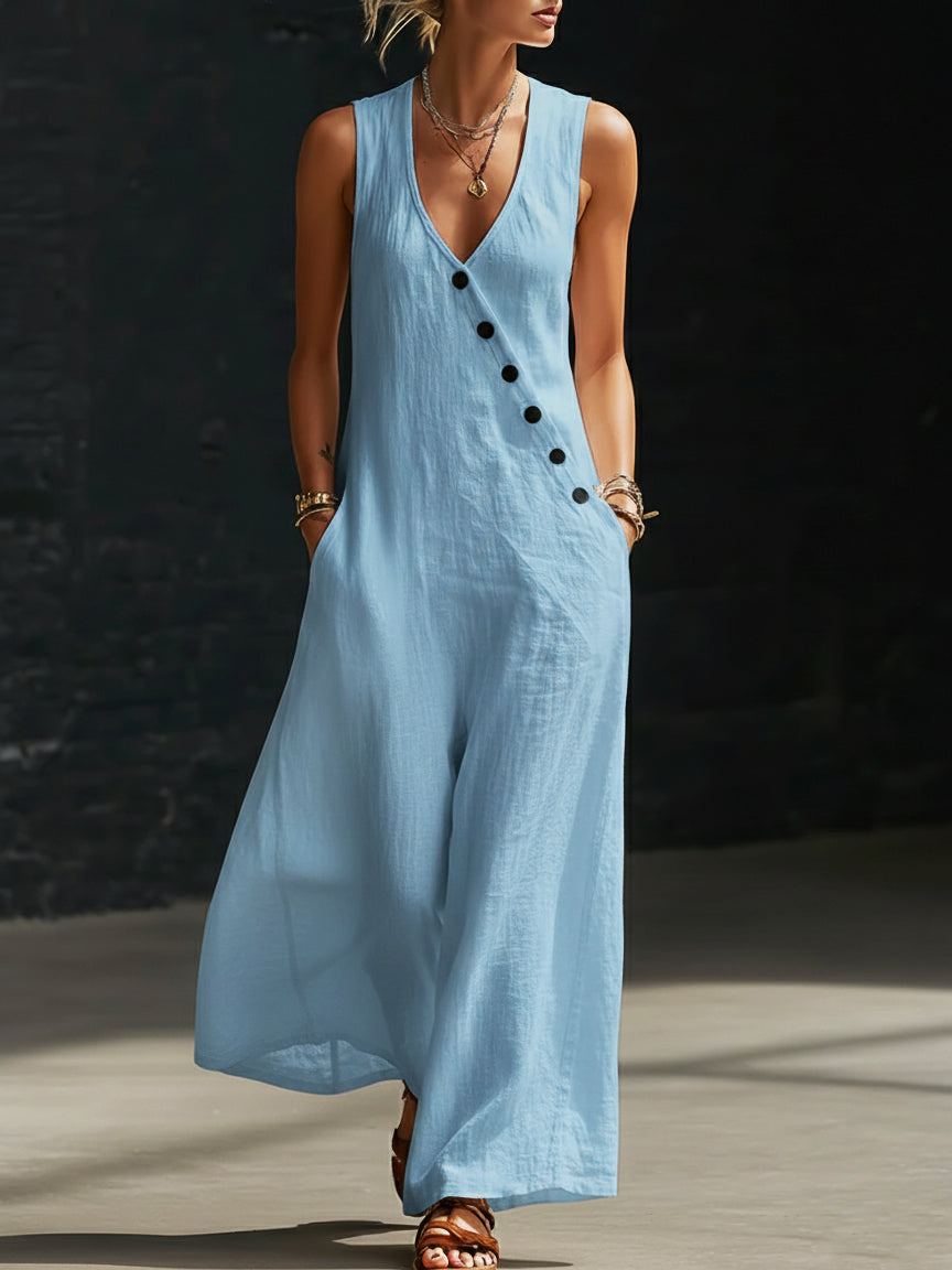 Minimalist Cozy V-neck Button-up Linen Jumpsuit