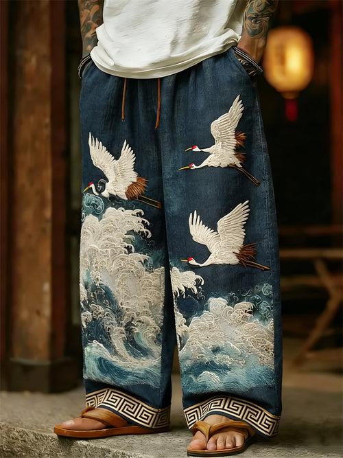 Men's Japanese Cranes & Sea Waves Linen Pants