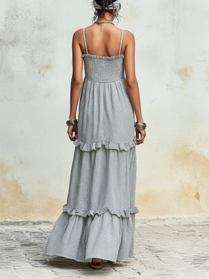 Tiered Ruffled Striped Smocked Cami Maxi Dress