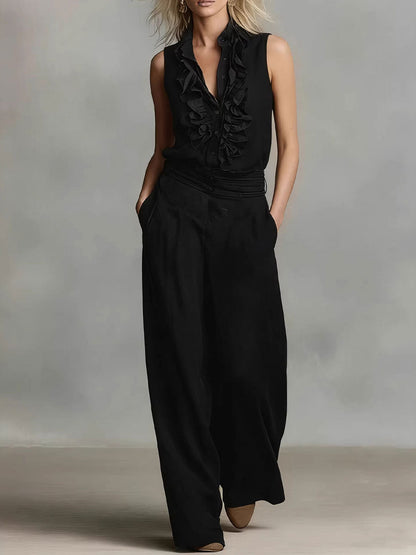 Women's Simple Linen Sleeveless Casual Shirt And Wide-leg Pants Set