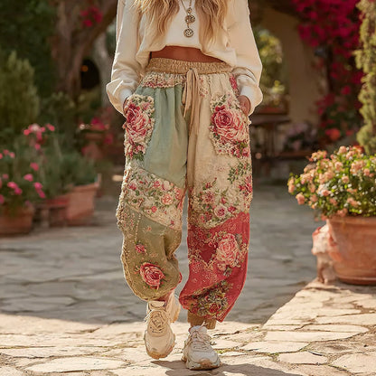 Women's Vintage Floral Patchwork Art Print Casual Sweatpants